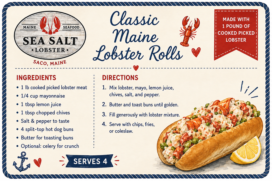 Classic Maine Lobster Rolls recipe card from Sea Salt Lobster Co., Saco, Maine