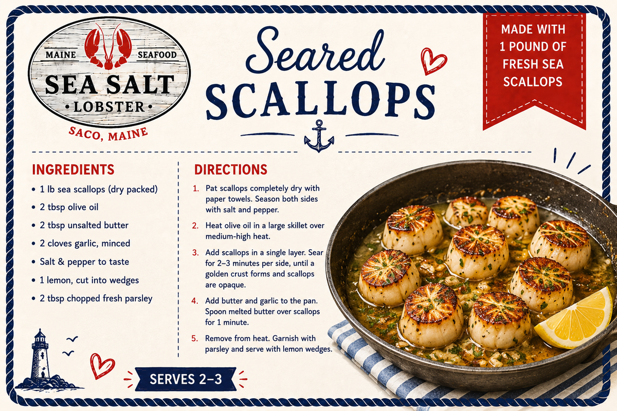 Seared Scallops recipe card from Sea Salt Lobster Co., Saco, Maine