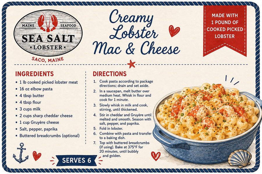 Creamy Lobster Mac and Cheese recipe card from Sea Salt Lobster Co., Saco, Maine
