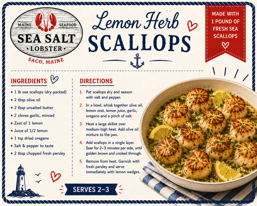 Lemon Herb Scallops recipe card from Sea Salt Lobster Co., Saco, Maine