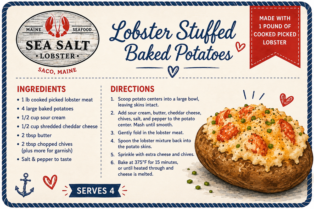 Lobster Stuffed Baked Potatoes recipe card from Sea Salt Lobster Co., Saco, Maine