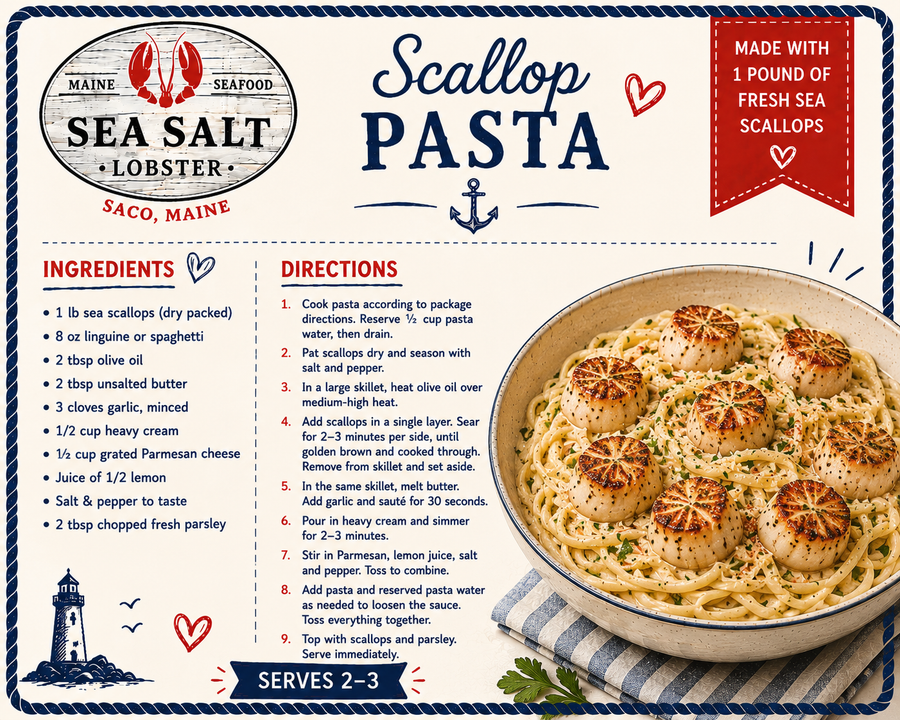 Scallop Pasta recipe card from Sea Salt Lobster Co., Saco, Maine
