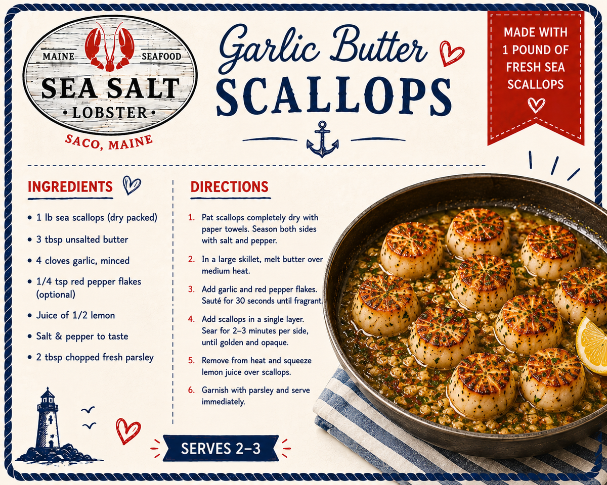 Garlic Butter Scallops recipe card from Sea Salt Lobster Co., Saco, Maine