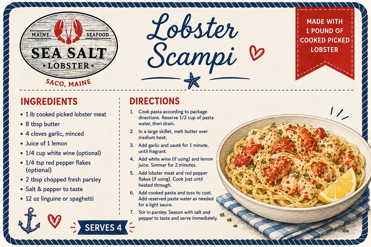 Lobster Scampi recipe card from Sea Salt Lobster Co., Saco, Maine
