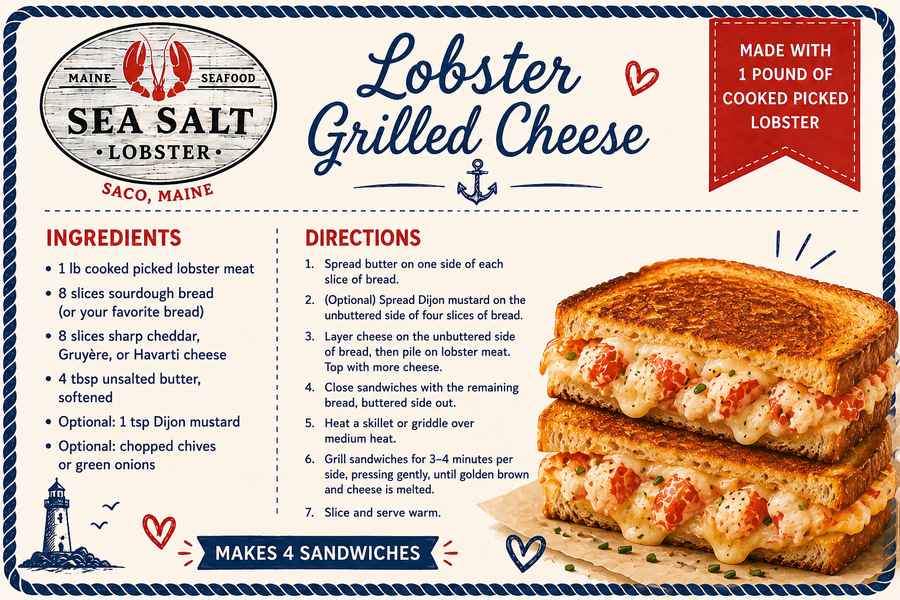 Lobster Grilled Cheese recipe card from Sea Salt Lobster Co., Saco, Maine