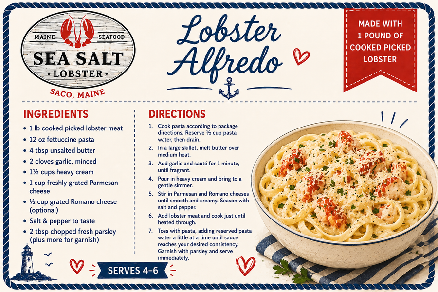 Lobster Alfredo recipe card from Sea Salt Lobster Co., Saco, Maine