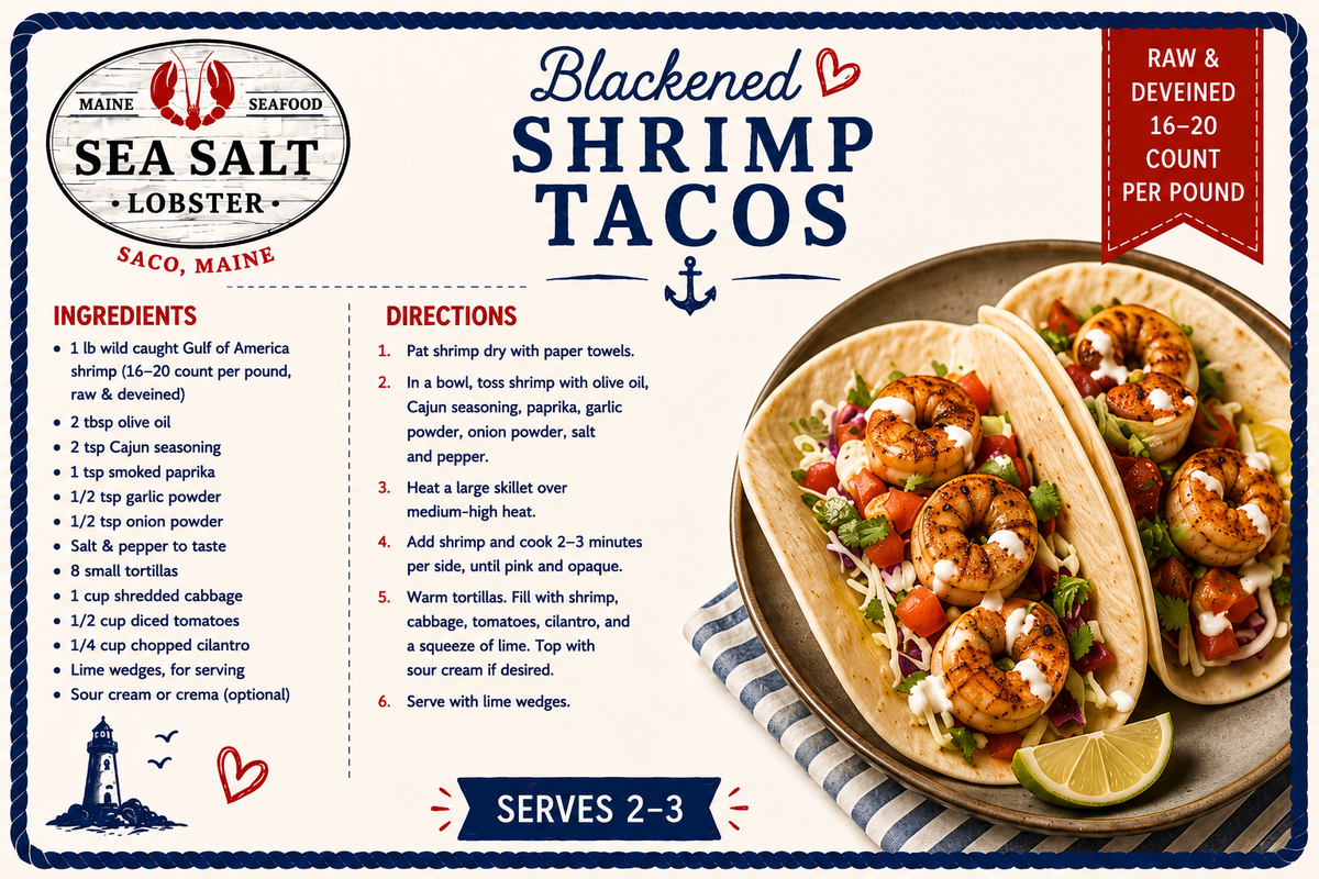 Blackened Shrimp Tacos recipe card from Sea Salt Lobster Co., Saco, Maine