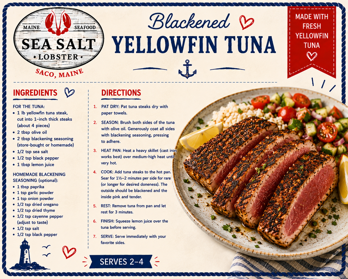 Blackened Yellowfin Tuna recipe card from Sea Salt Lobster Co., Saco, Maine