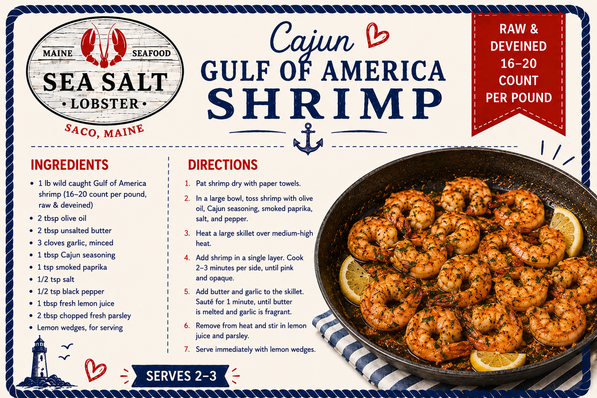 Cajun Gulf of America Shrimp recipe card from Sea Salt Lobster Co., Saco, Maine