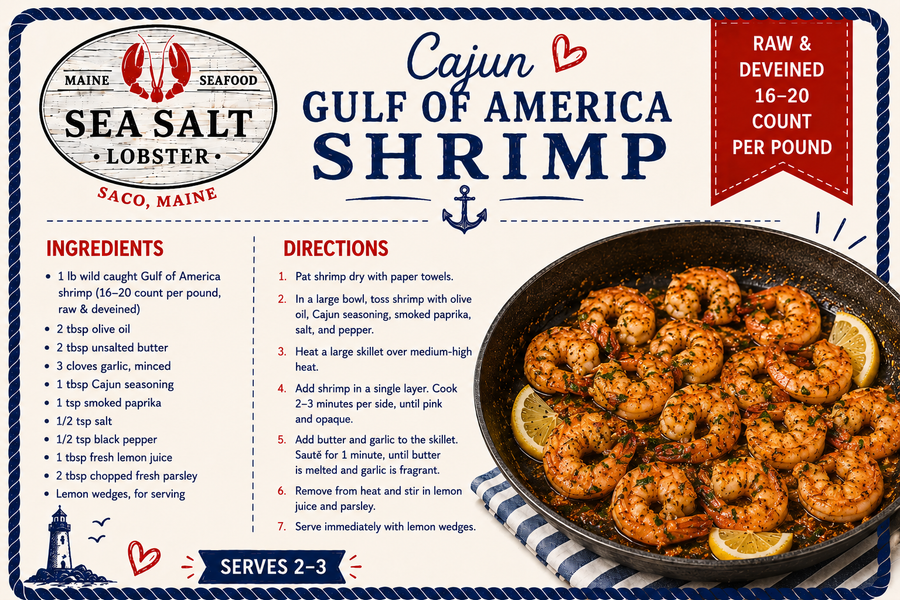 Cajun Gulf of America Shrimp recipe card from Sea Salt Lobster Co., Saco, Maine