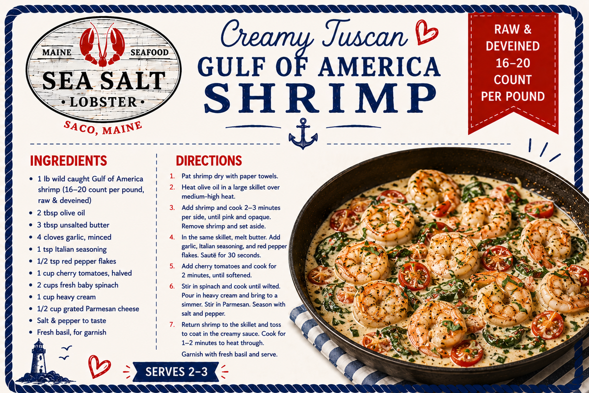 Creamy Tuscan Gulf of America Shrimp recipe card from Sea Salt Lobster Co., Saco, Maine