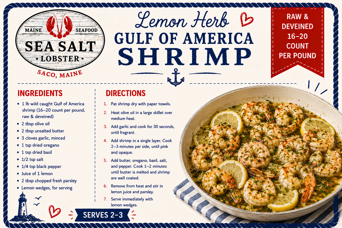 Lemon Herb Gulf of America Shrimp recipe card from Sea Salt Lobster Co., Saco, Maine