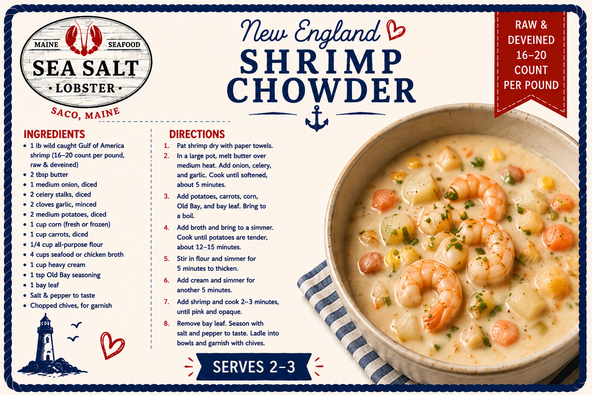 New England Shrimp Chowder recipe card from Sea Salt Lobster Co., Saco, Maine