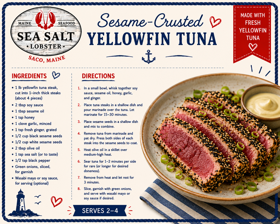 Sesame-Crusted Yellowfin Tuna recipe card from Sea Salt Lobster Co., Saco, Maine