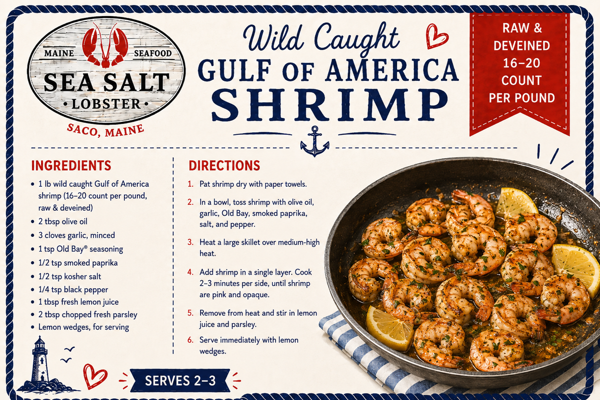 Wild Caught Gulf of America Shrimp recipe card from Sea Salt Lobster Co., Saco, Maine
