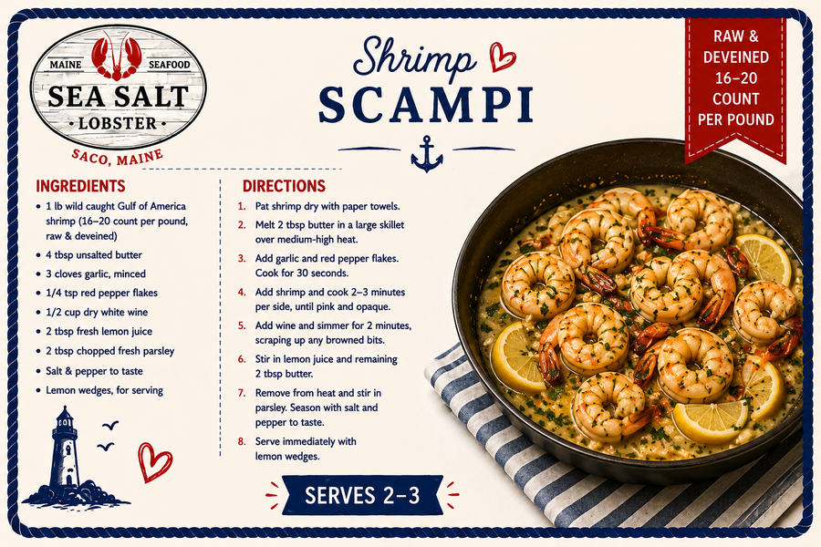 Shrimp Scampi recipe card from Sea Salt Lobster Co., Saco, Maine