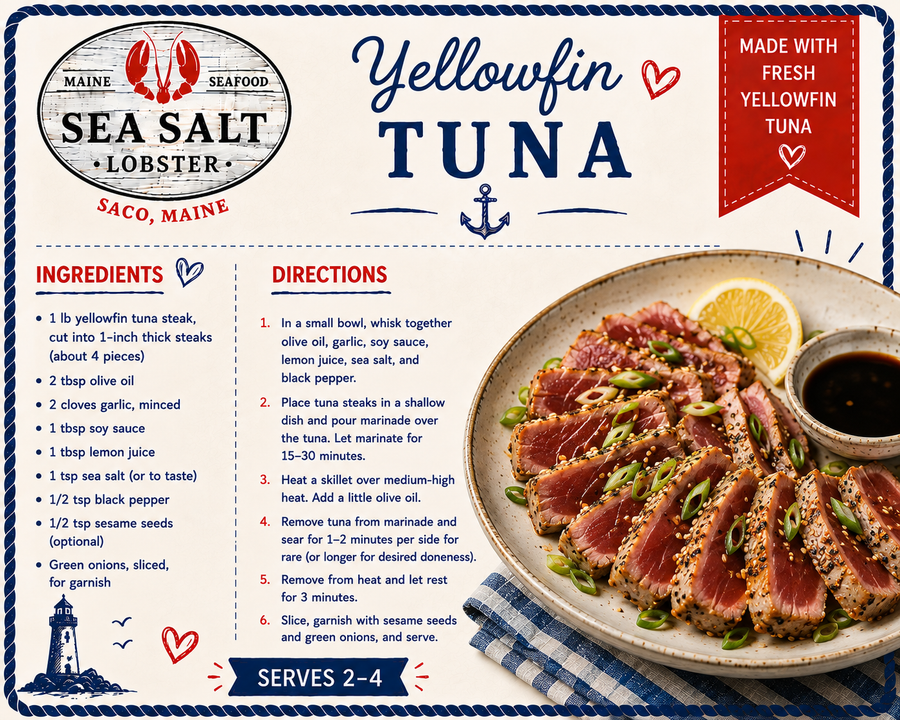 Yellowfin Tuna recipe card from Sea Salt Lobster Co., Saco, Maine