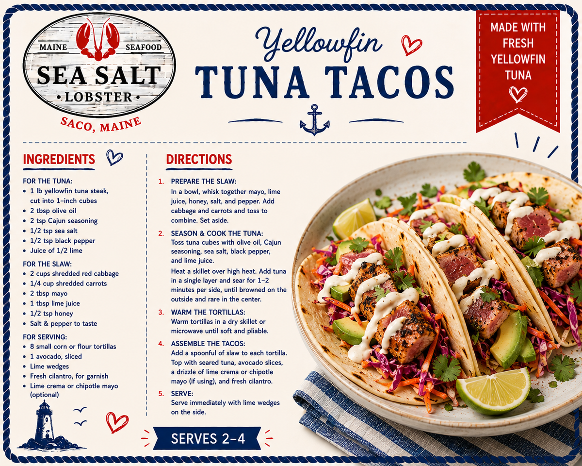 Yellowfin Tuna Tacos recipe card from Sea Salt Lobster Co., Saco, Maine