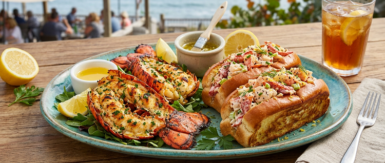 Grilled lobster tails and cooked lobster rolls
